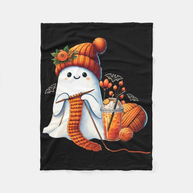 Cute Ghost Crochet Knitting Älskare Halloween Kaff Fleecefilt (Framsidan)
