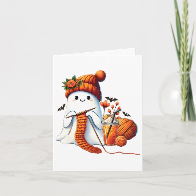 Cute Ghost Crochet Knitting Älskare Halloween Kaff Kort (Framsida)