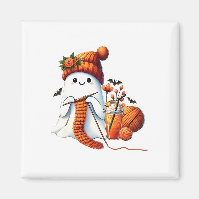 Cute Ghost Crochet Knitting Älskare Halloween Kaff Magnet (Framsidan)