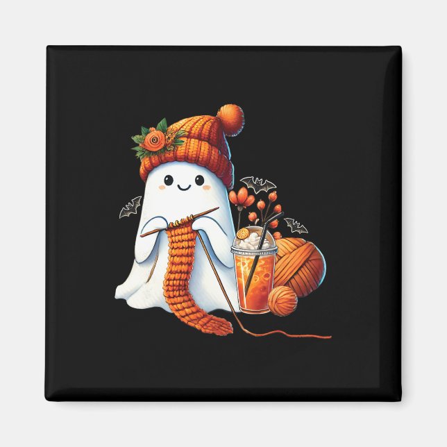 Cute Ghost Crochet Knitting Älskare Halloween Kaff Magnet (Framsidan)