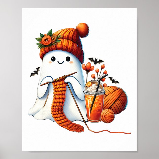 Cute Ghost Crochet Knitting Älskare Halloween Kaff Poster (Framsidan)