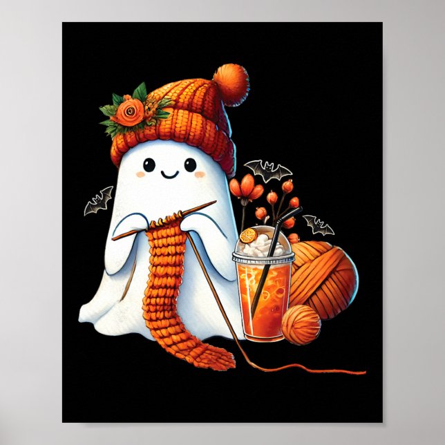 Cute Ghost Crochet Knitting Älskare Halloween Kaff Poster (Framsidan)