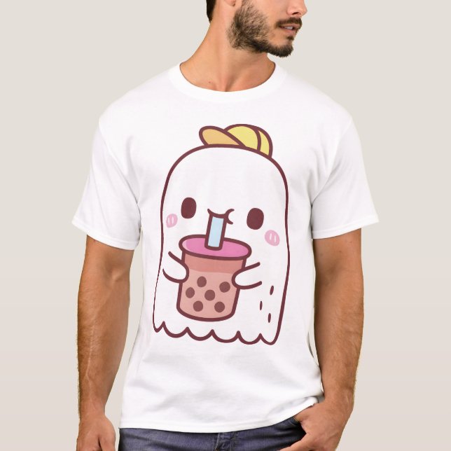 Cute Ghost Drinking Boba Tea T Shirt (Framsida)
