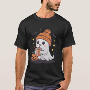 Cute Ghost Drinking Coffee Funny Pumpkin Costume T Shirt