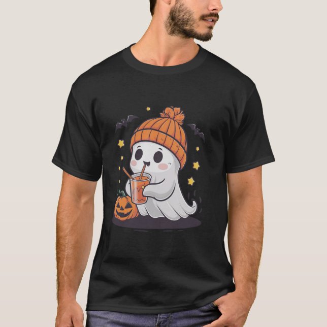 Cute Ghost Drinking Coffee Funny Pumpkin Costume T Shirt (Framsida)