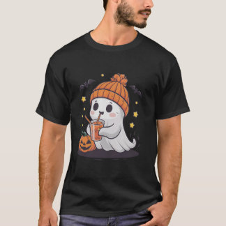 Cute Ghost Drinking Coffee Funny Pumpkin Costume T T Shirt
