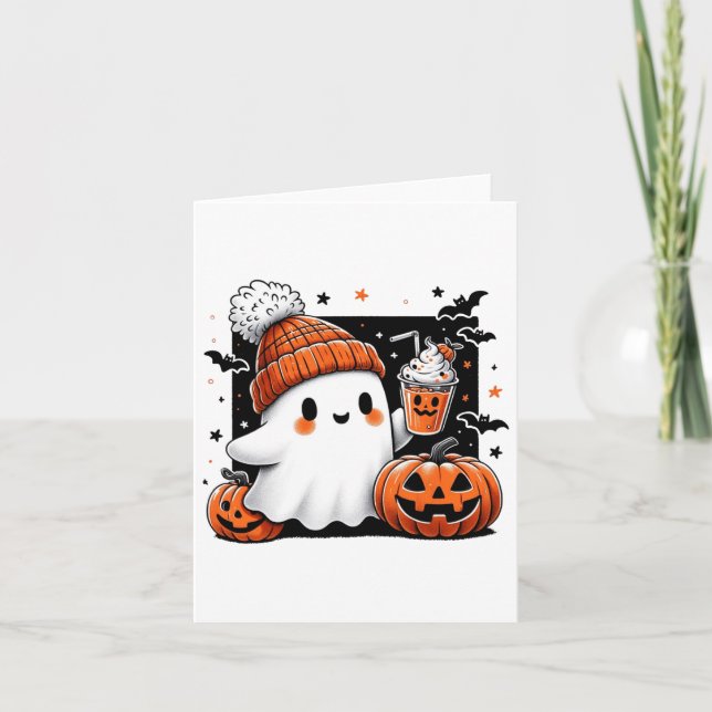 Cute Ghost Drinking Coffee Halloween Costume Kaffe Kort (Framsida)