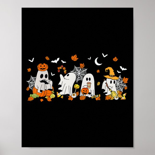 Cute Ghost Drinking Coffee Halloween Fall Ghost Bo Poster (Framsidan)