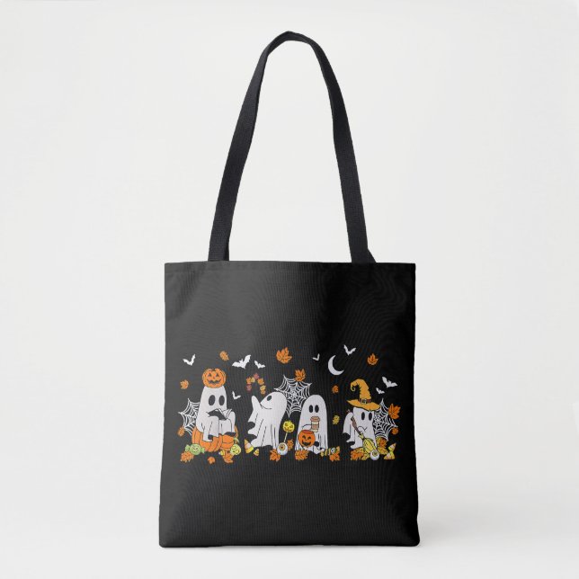 Cute Ghost Drinking Coffee Halloween Fall Ghost Bo Tygkasse (Framsida)