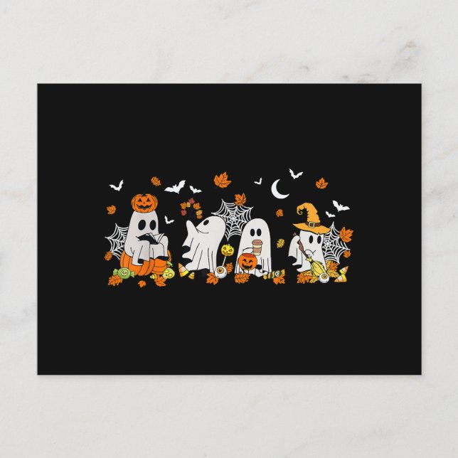 Cute Ghost Drinking Coffee Halloween Fall Ghost Bo Vykort (Framsida)