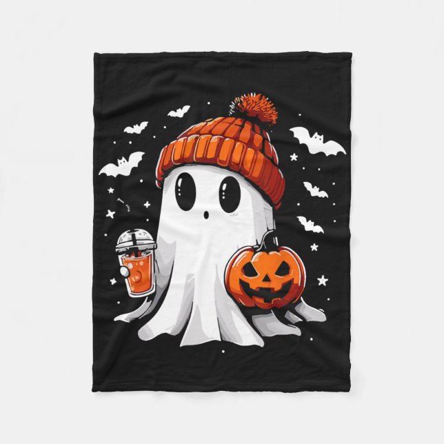 Cute Ghost Drinking Coffee Halloween Ghost Coffee Fleecefilt (Framsidan)