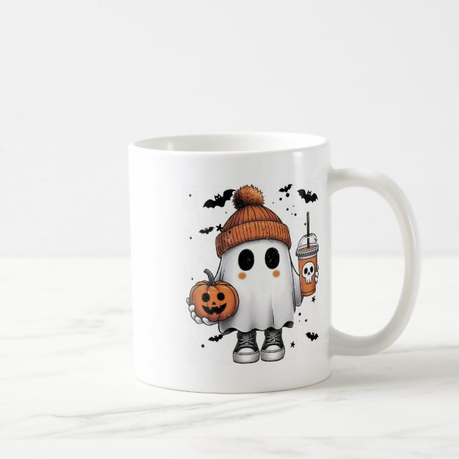 Cute Ghost Drinking Coffee Halloween Ghost Coffee Kaffemugg (Höger)