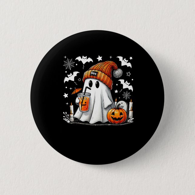 Cute Ghost Drinking Coffee Halloween Ghost Coffee Knapp (Framsida)