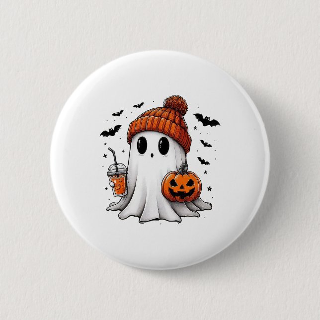 Cute Ghost Drinking Coffee Halloween Ghost Coffee Knapp (Framsida)