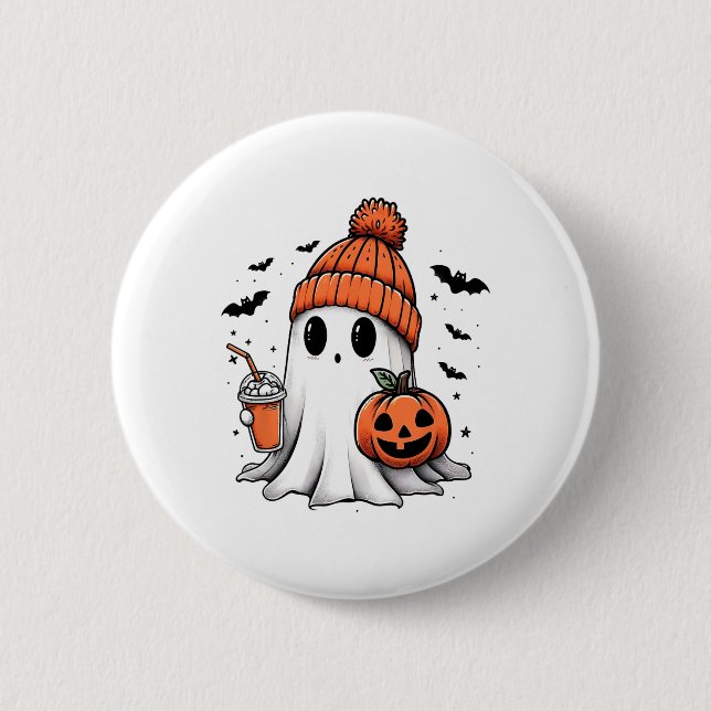 Cute Ghost Drinking Coffee Halloween Ghost Coffee Knapp (Framsida)