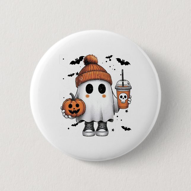 Cute Ghost Drinking Coffee Halloween Ghost Coffee Knapp (Framsida)
