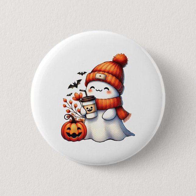 Cute Ghost Drinking Coffee Halloween Ghost Coffee Knapp (Framsida)