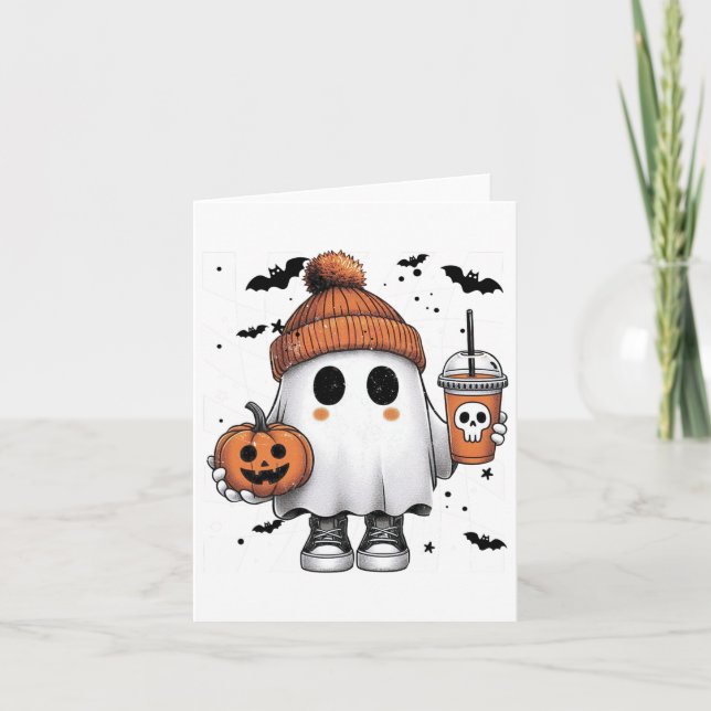 Cute Ghost Drinking Coffee Halloween Ghost Coffee Kort (Framsida)