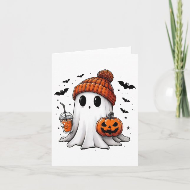 Cute Ghost Drinking Coffee Halloween Ghost Coffee Kort (Framsida)