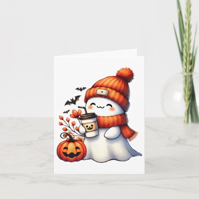 Cute Ghost Drinking Coffee Halloween Ghost Coffee Kort (Framsida)