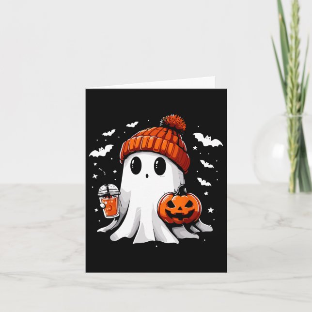 Cute Ghost Drinking Coffee Halloween Ghost Coffee Kort (Framsida)