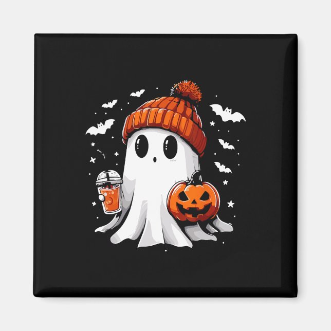 Cute Ghost Drinking Coffee Halloween Ghost Coffee Magnet (Framsidan)