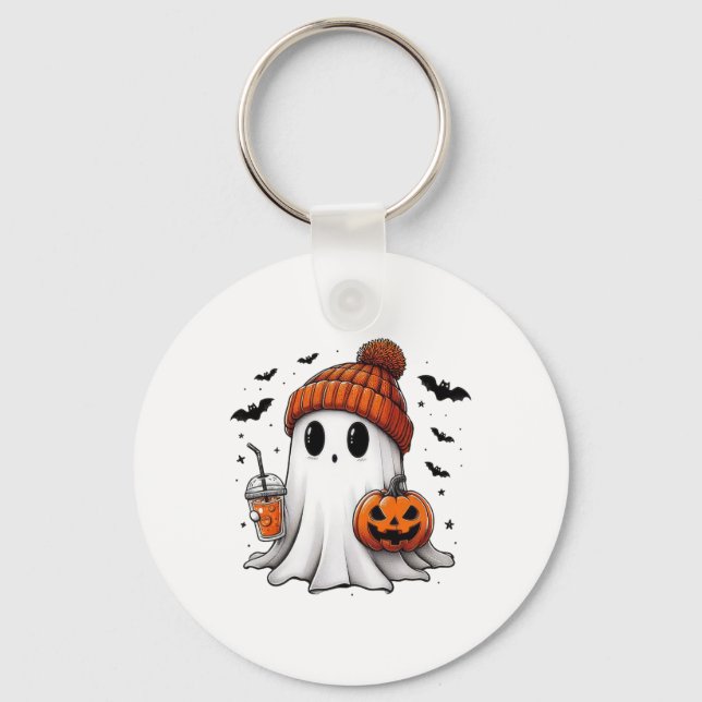 Cute Ghost Drinking Coffee Halloween Ghost Coffee Nyckelring (Framsida)