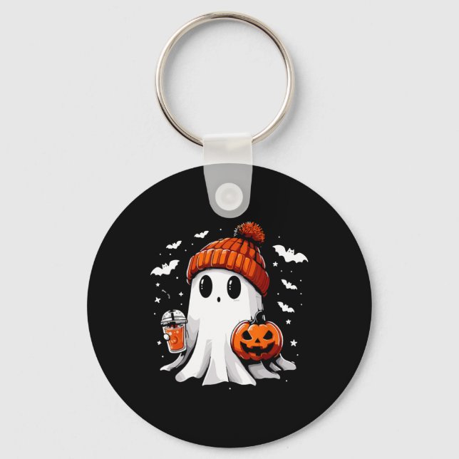 Cute Ghost Drinking Coffee Halloween Ghost Coffee Nyckelring (Framsida)