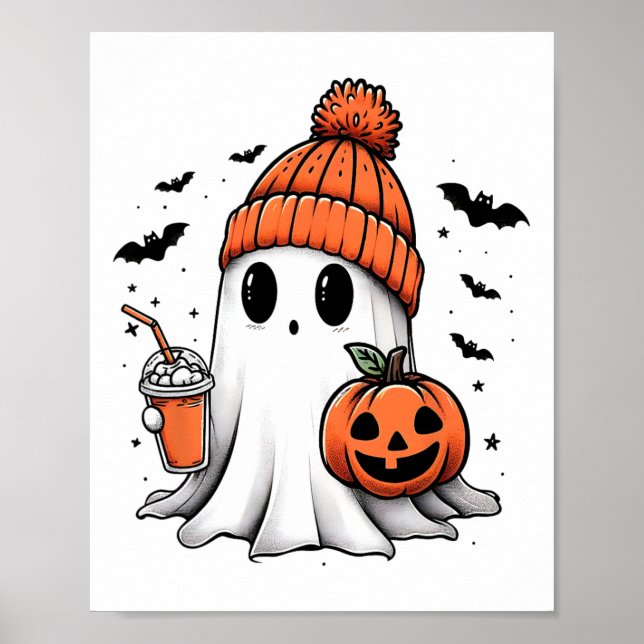 Cute Ghost Drinking Coffee Halloween Ghost Coffee Poster (Framsidan)