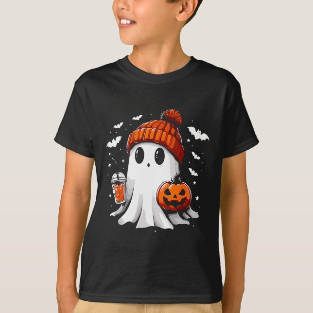Cute Ghost Drinking Coffee Halloween Ghost Coffee T Shirt (Framsida)