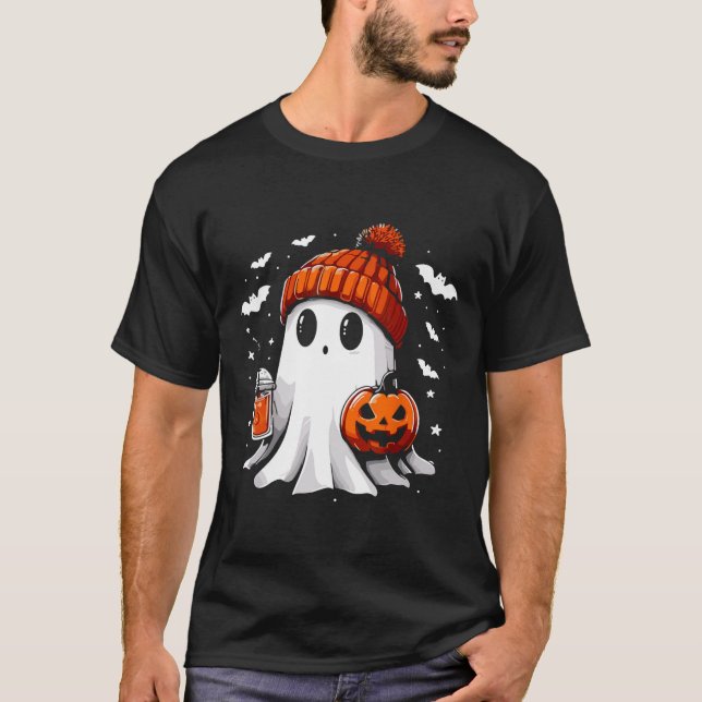 Cute Ghost Drinking Coffee Halloween Ghost Coffee T Shirt (Framsida)