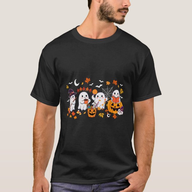 Cute Ghost Drinking Coffee Halloween Ghost Fall Bo T Shirt (Framsida)
