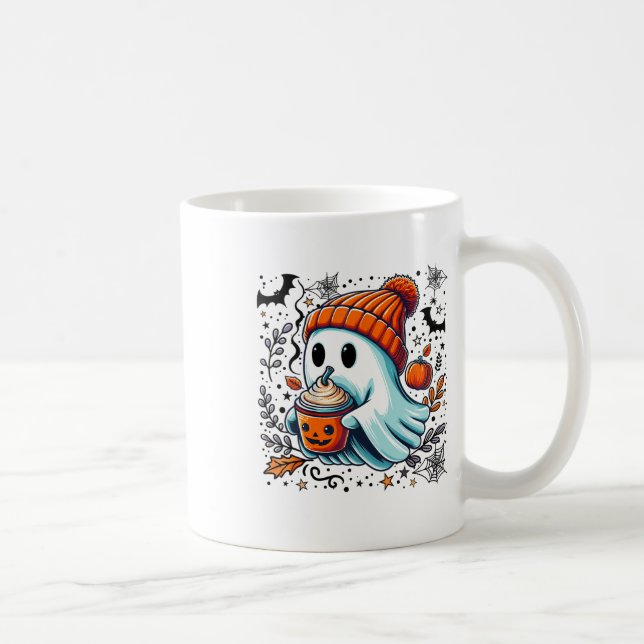 Cute Ghost Drinking Coffee Halloween Ghost Ice Cof Kaffemugg (Höger)