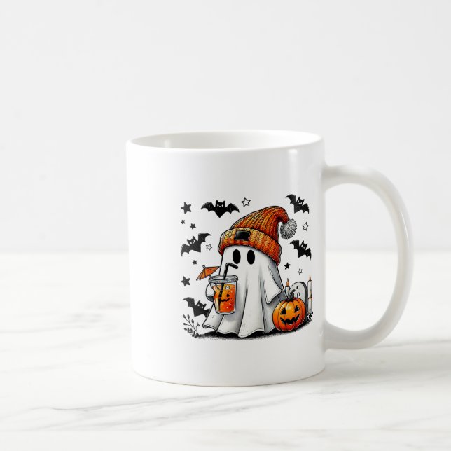 Cute Ghost Drinking Coffee Halloween Ghost Ice Cof Kaffemugg (Höger)
