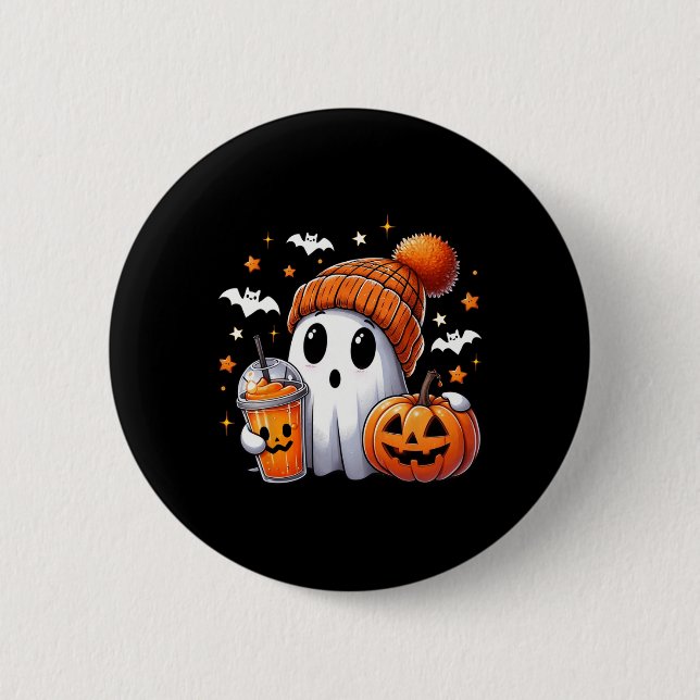 Cute Ghost Drinking Coffee Halloween Ghost Ice Cof Knapp (Framsida)