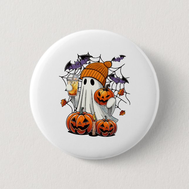 Cute Ghost Drinking Coffee Halloween Ghost Ice Cof Knapp (Framsida)