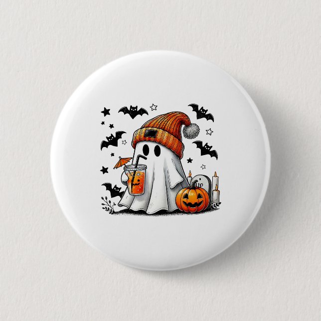 Cute Ghost Drinking Coffee Halloween Ghost Ice Cof Knapp (Framsida)