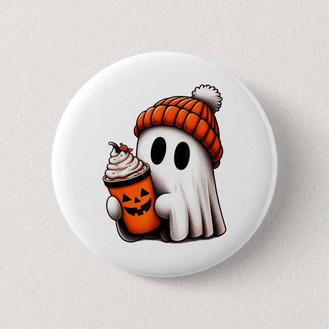 Cute Ghost Drinking Coffee Halloween Ghost Ice Cof Knapp (Framsida)