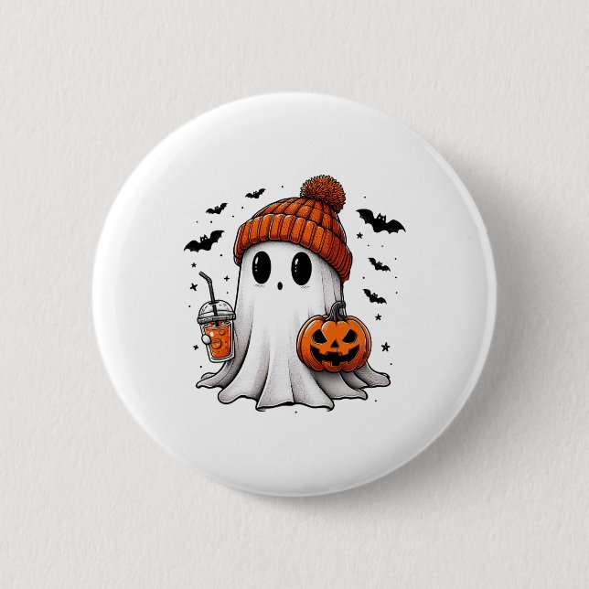 Cute Ghost Drinking Coffee Halloween Ghost Ice Cof Knapp (Framsida)