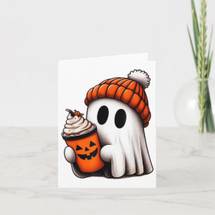 Cute Ghost Drinking Coffee Halloween Ghost Ice Cof Kort