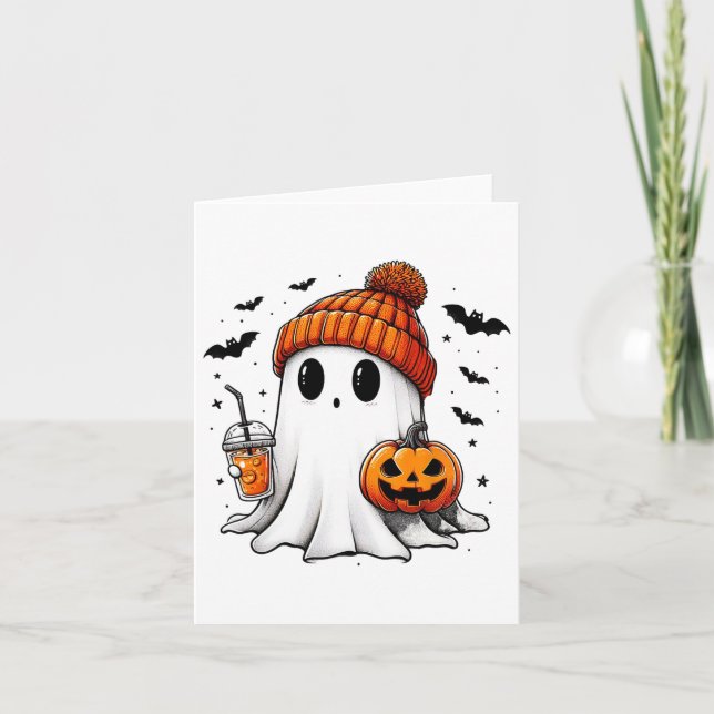 Cute Ghost Drinking Coffee Halloween Ghost Ice Cof Kort (Framsida)