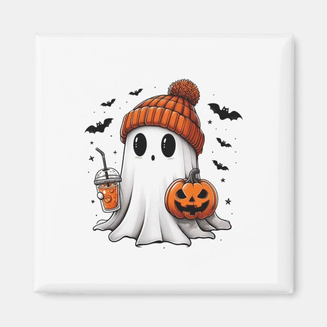 Cute Ghost Drinking Coffee Halloween Ghost Ice Cof Magnet (Framsidan)