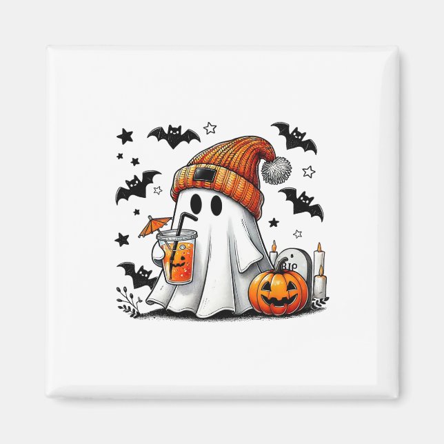 Cute Ghost Drinking Coffee Halloween Ghost Ice Cof Magnet (Framsidan)