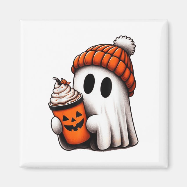 Cute Ghost Drinking Coffee Halloween Ghost Ice Cof Magnet (Framsidan)