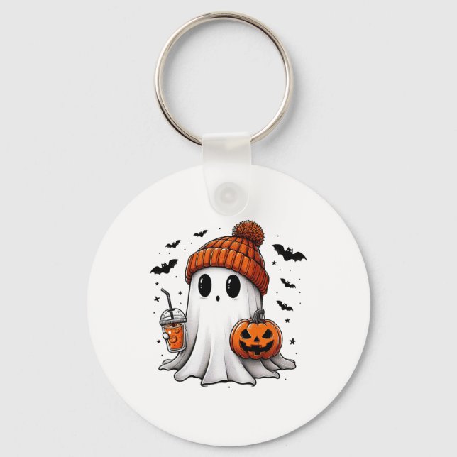 Cute Ghost Drinking Coffee Halloween Ghost Ice Cof Nyckelring (Framsida)