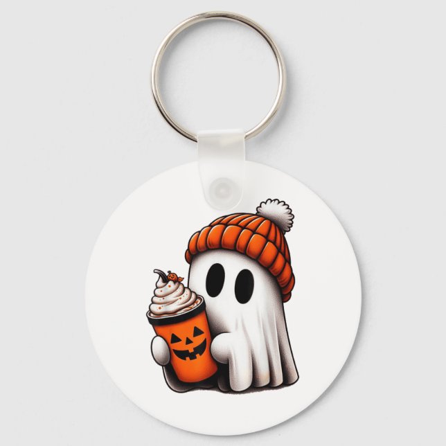Cute Ghost Drinking Coffee Halloween Ghost Ice Cof Nyckelring (Framsida)