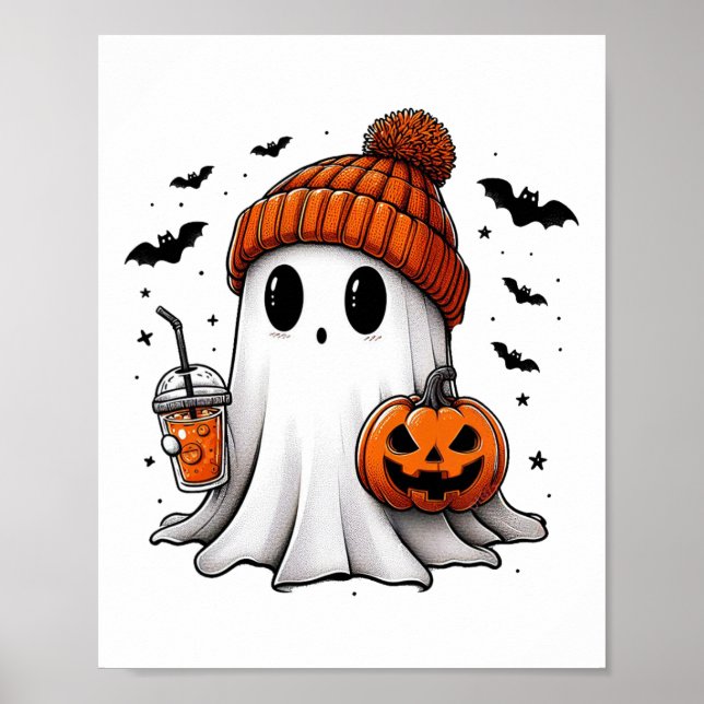 Cute Ghost Drinking Coffee Halloween Ghost Ice Cof Poster (Framsidan)