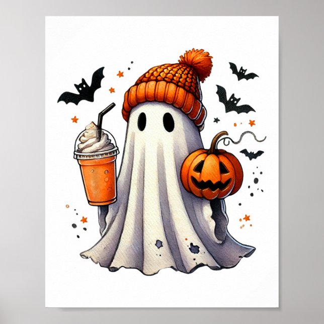 Cute Ghost Drinking Coffee Halloween Ghost Ice Cof Poster (Framsidan)