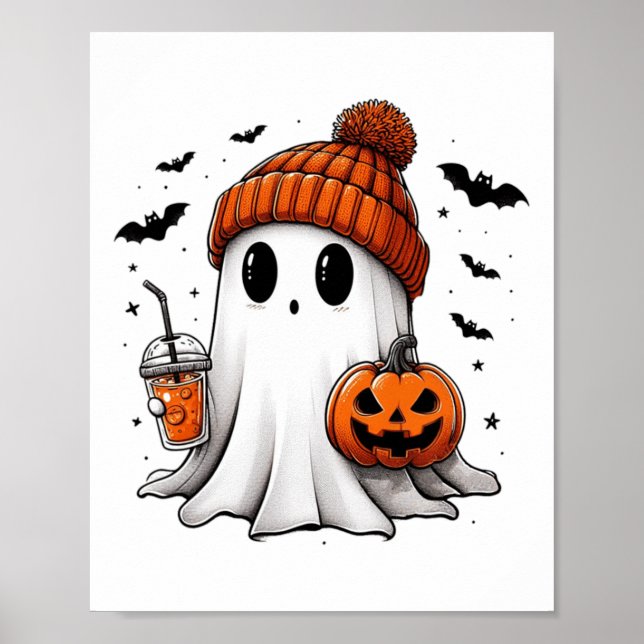 Cute Ghost Drinking Coffee Halloween Ghost Ice Cof Poster (Framsidan)
