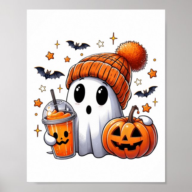 Cute Ghost Drinking Coffee Halloween Ghost Ice Cof Poster (Framsidan)